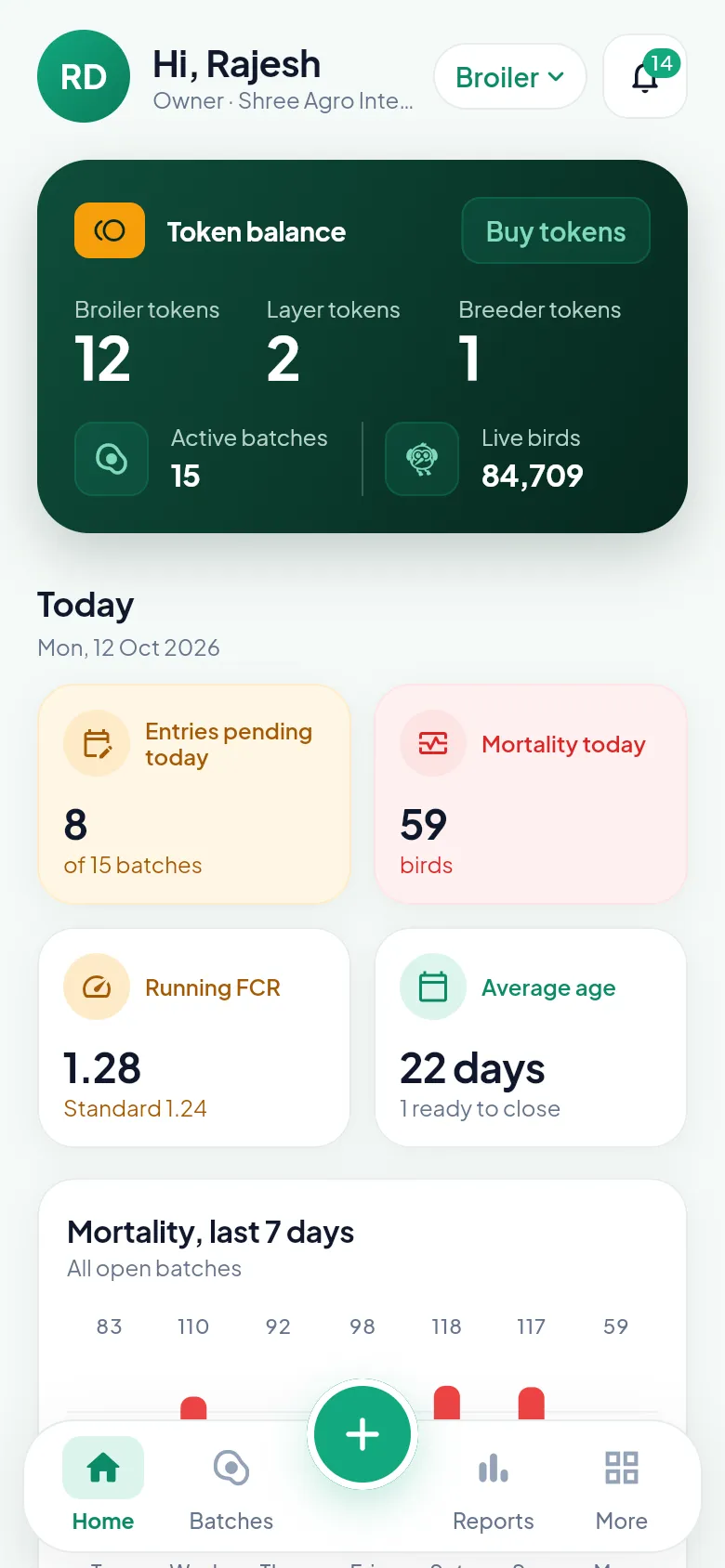 PoultryOS mobile app home screen with batches and alerts