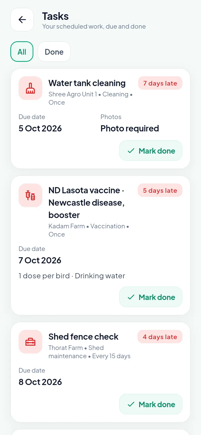 Tasks and approvals screen on the PoultryOS mobile app