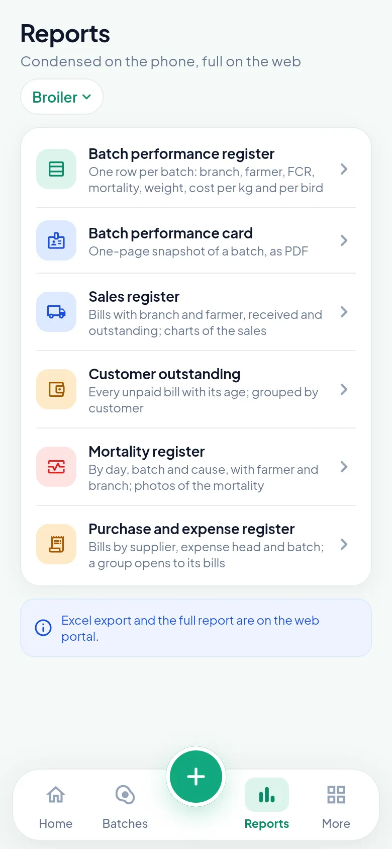 Reports screen on the PoultryOS mobile app