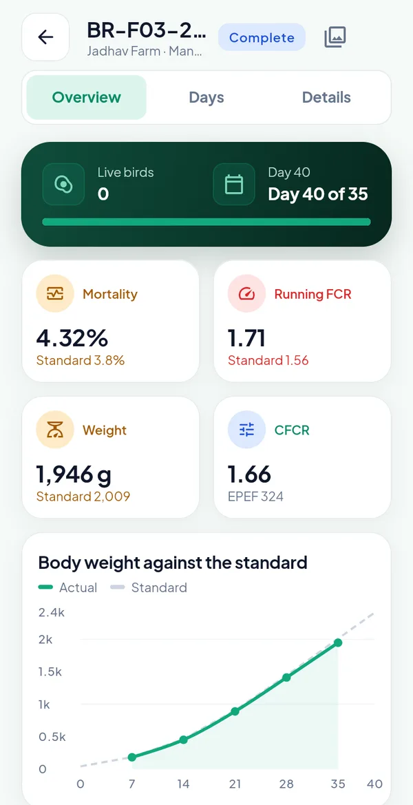 Batch overview on the phone: mortality, running FCR, weight and CFCR against the standard, with the body weight curve