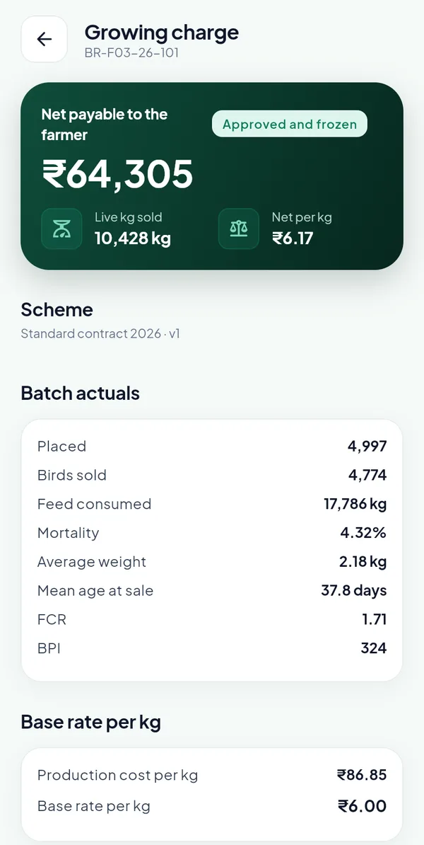 The growing charge statement: net payable, live kg sold, net rate per kg, the scheme, and the batch actuals