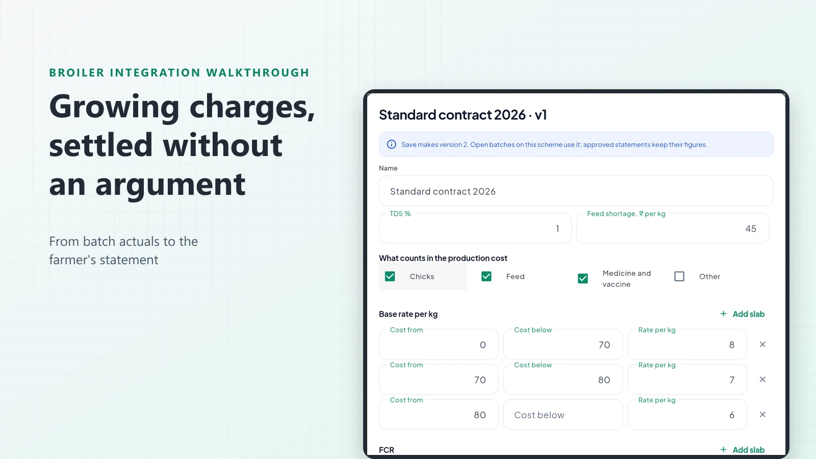 The growing charge scheme editor in the PoultryOS owner portal
